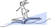 Drawing of a woman surfing using a book as a surfboard