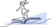 Drawing of a woman surfing using a book as a surfboard