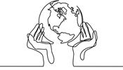 Drawing of hands holding a globe of the world
