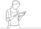 Drawing of a woman looking at a guidebook.