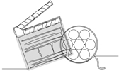 Drawing of a movie clapper and a reel of film