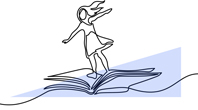 Drawing of a woman surfing using a book as a surfboard